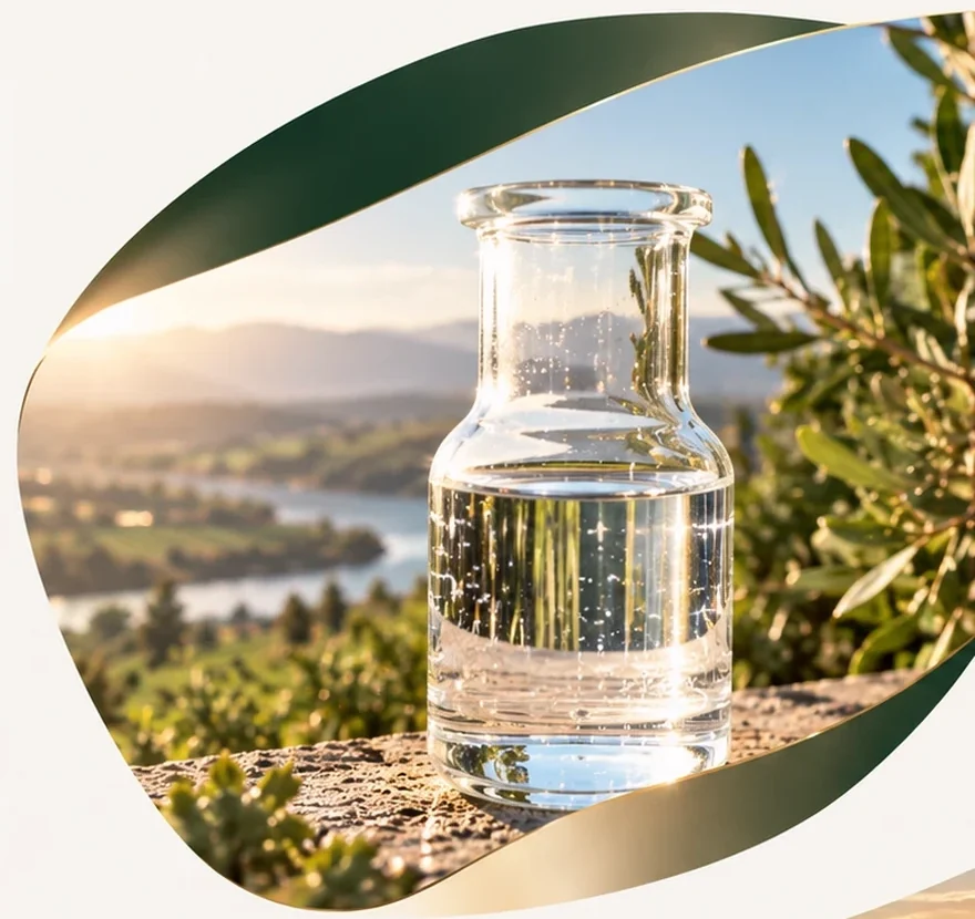 A clear liquid in a glass bottle above a river valley with olive branches