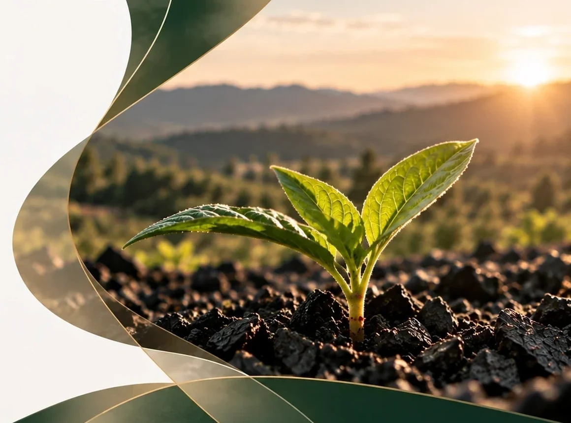 A young plant growing from biochar at sunrise, framed by green and gold silk folds