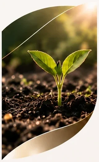 A young plant growing in soil, in a leaf-shaped frame