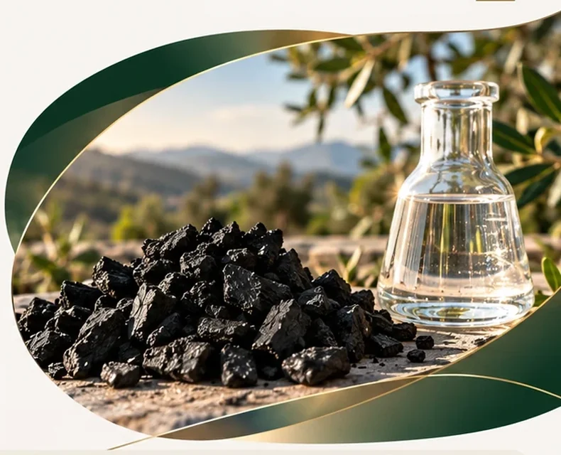 Biochar next to a glass flask of clear liquid, framed by green and gold folds