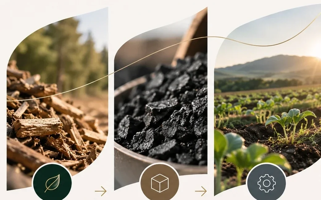 Three leaf-shaped photos — wood chips, biochar and crops — linked by a gold line